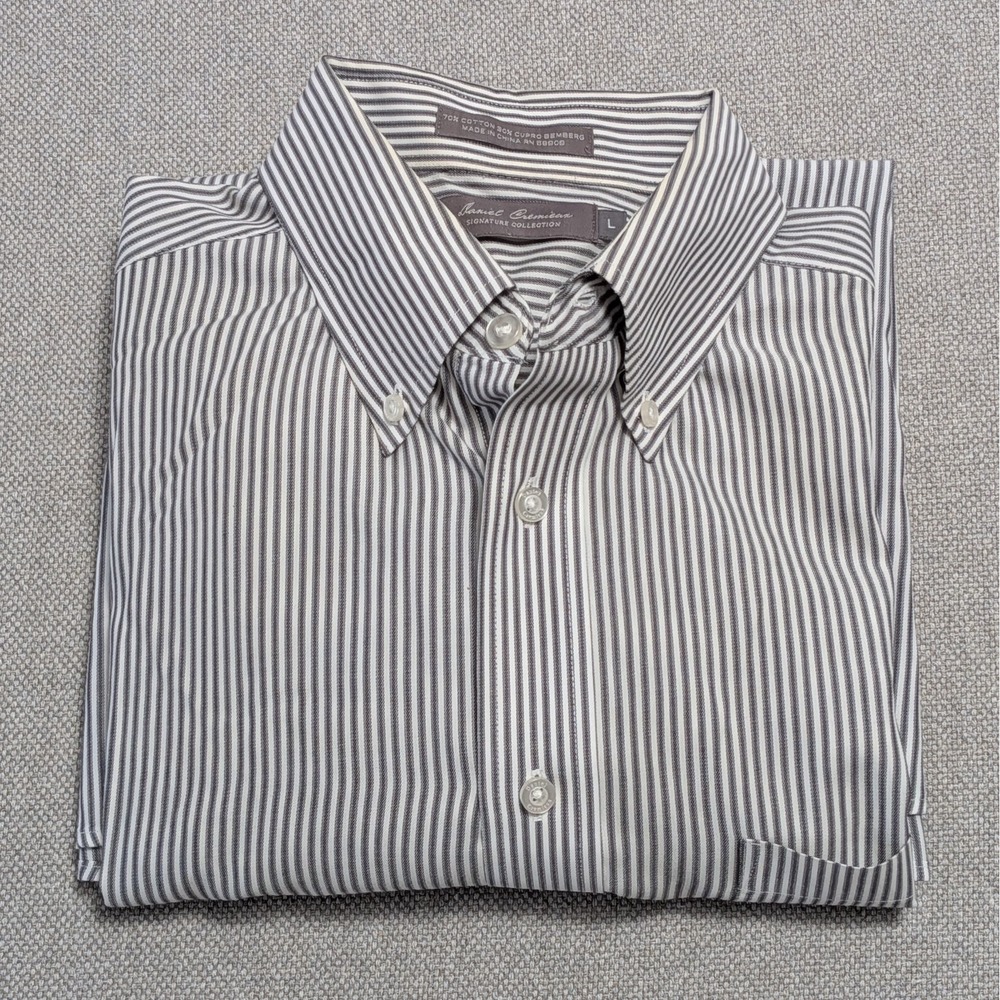Daniel Cremieux Men's Dress Shirt L Gray White Stripe Cotton Cupro Button Down